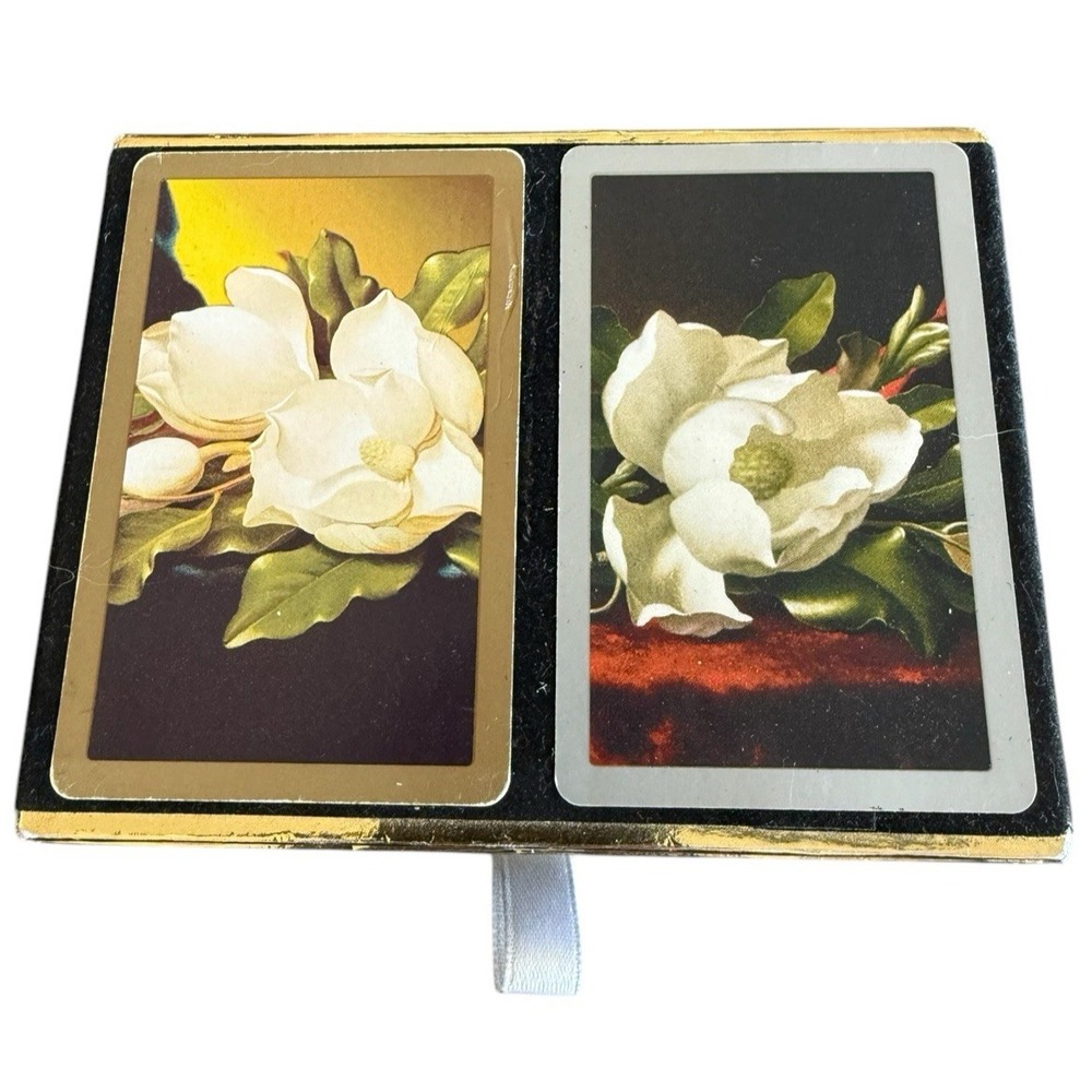 Vintage Congress Playing Cards Double Deck Set Magnolia Floral Velour Box